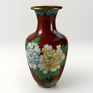 Vintage Chinese Cloisonné Vase 8" Red Floral